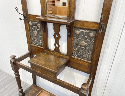 antique aarts and crafts hall stand in oak with copper panels